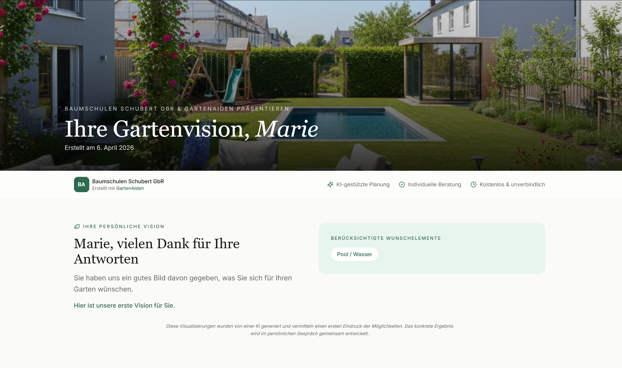 Beispiel-Ergebnisseite, die Ihr Kunde nach dem Dialog erhält