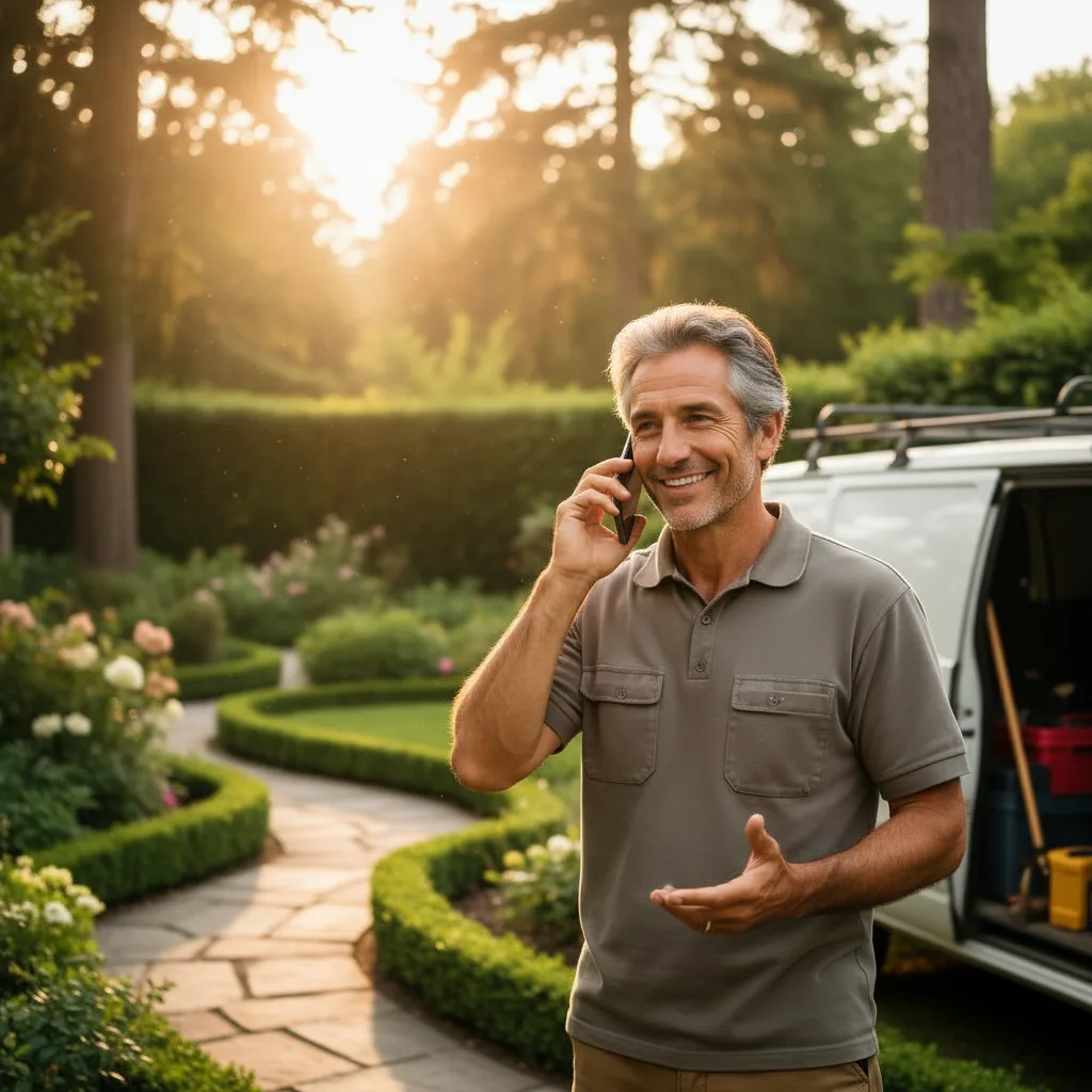 Landschaftsgärtner mit Smartphone vor einem Kalender mit markiertem Termin
